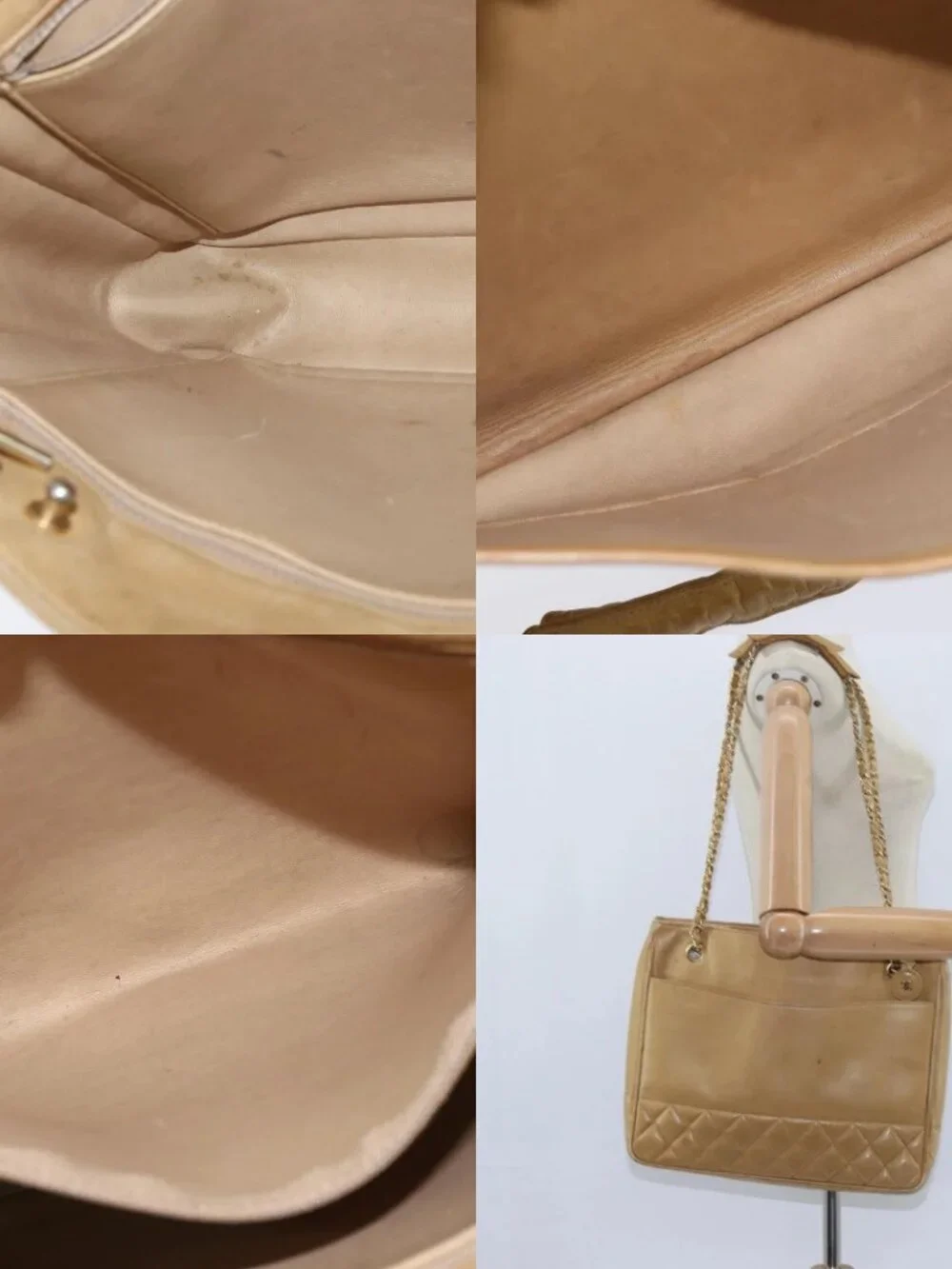 CHANEL Matelasse Chain Shoulder Bag Lamb Skin Beige Gold CC Auth 150131
